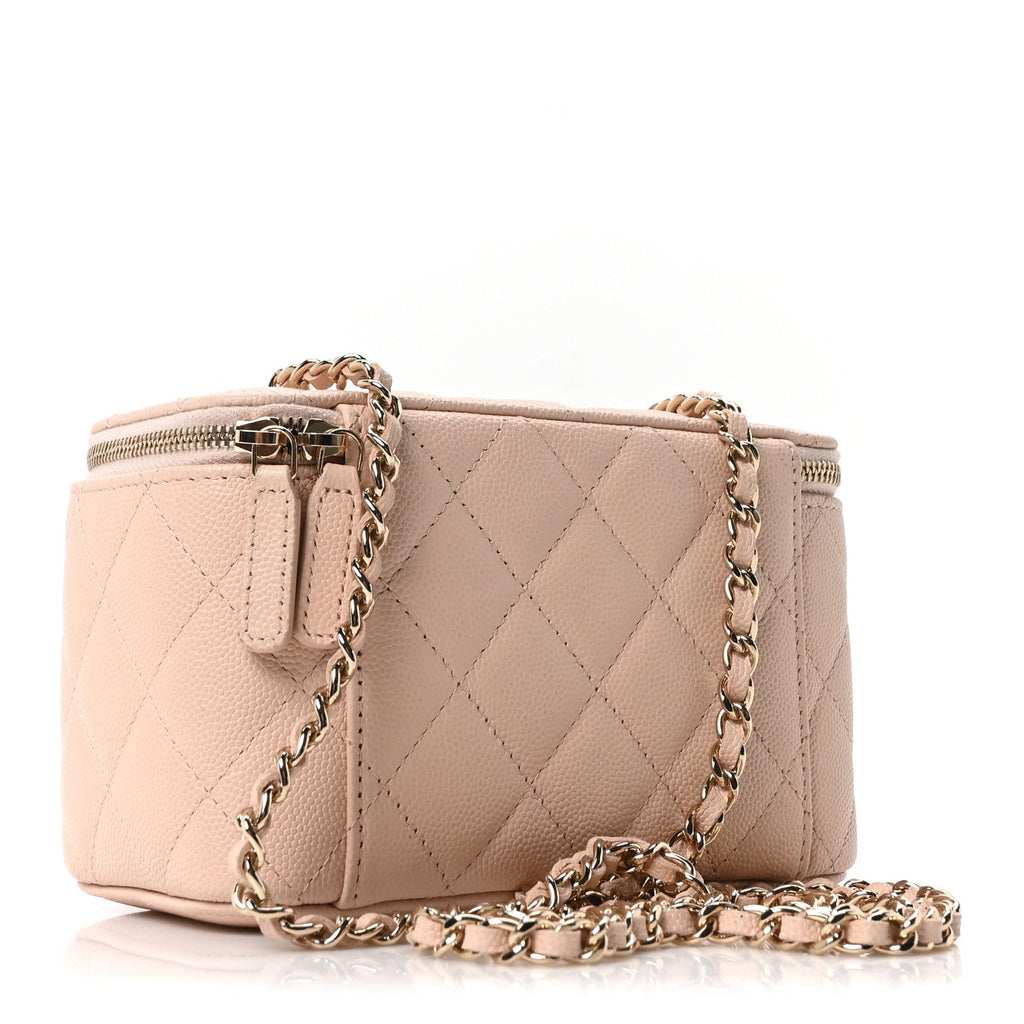 Chanel Caviar Quilted Small Vanity Case With Chain Light Beige