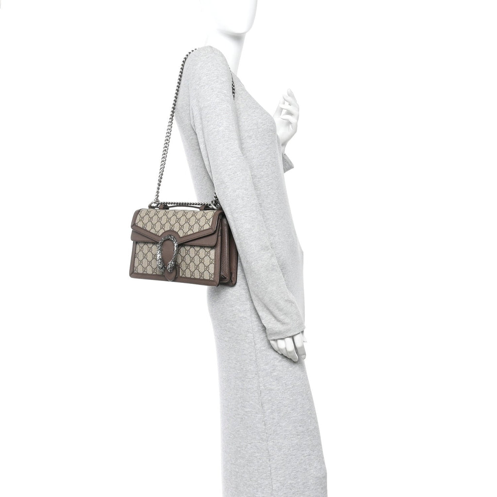 Gucci GG Supreme Monogram Textured Dollar Calfskin Top Handle Dionysus Shoulder Bag Beige Ebony New Acero