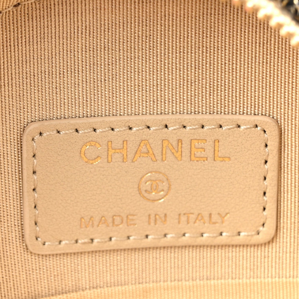 Chanel Tweed Shearling Round Clutch With Chain and Coin Purse Beige Black