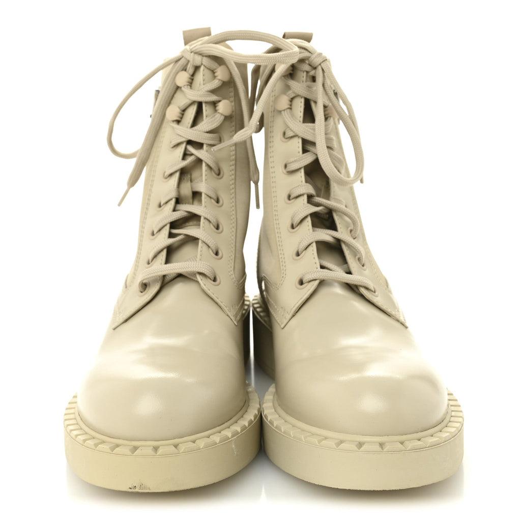Prada Spazzolato Re-Nylon Metal Triangle Logo Womens 50mm Combat Boots 39 Deserto