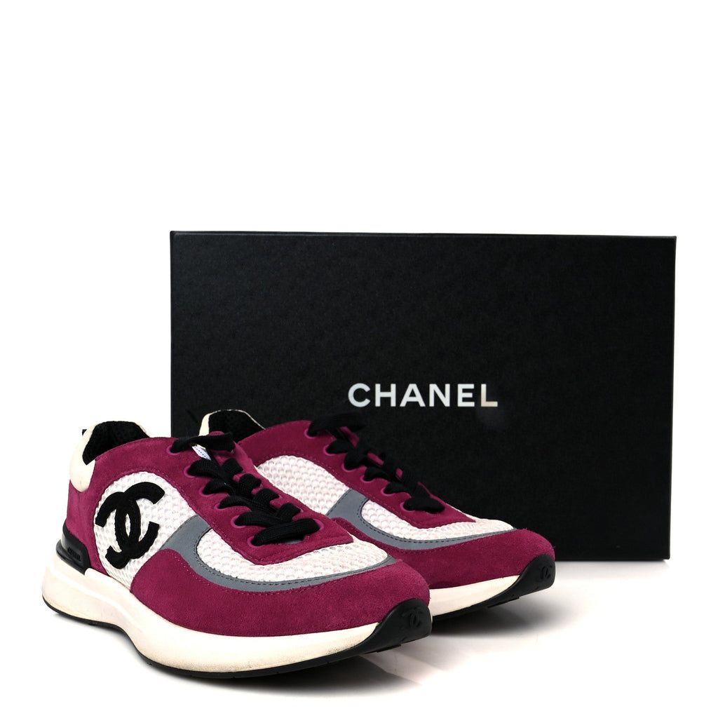 Mesh Suede Calfskin Womens CC Sneakers 38 White Dark Pink Grey