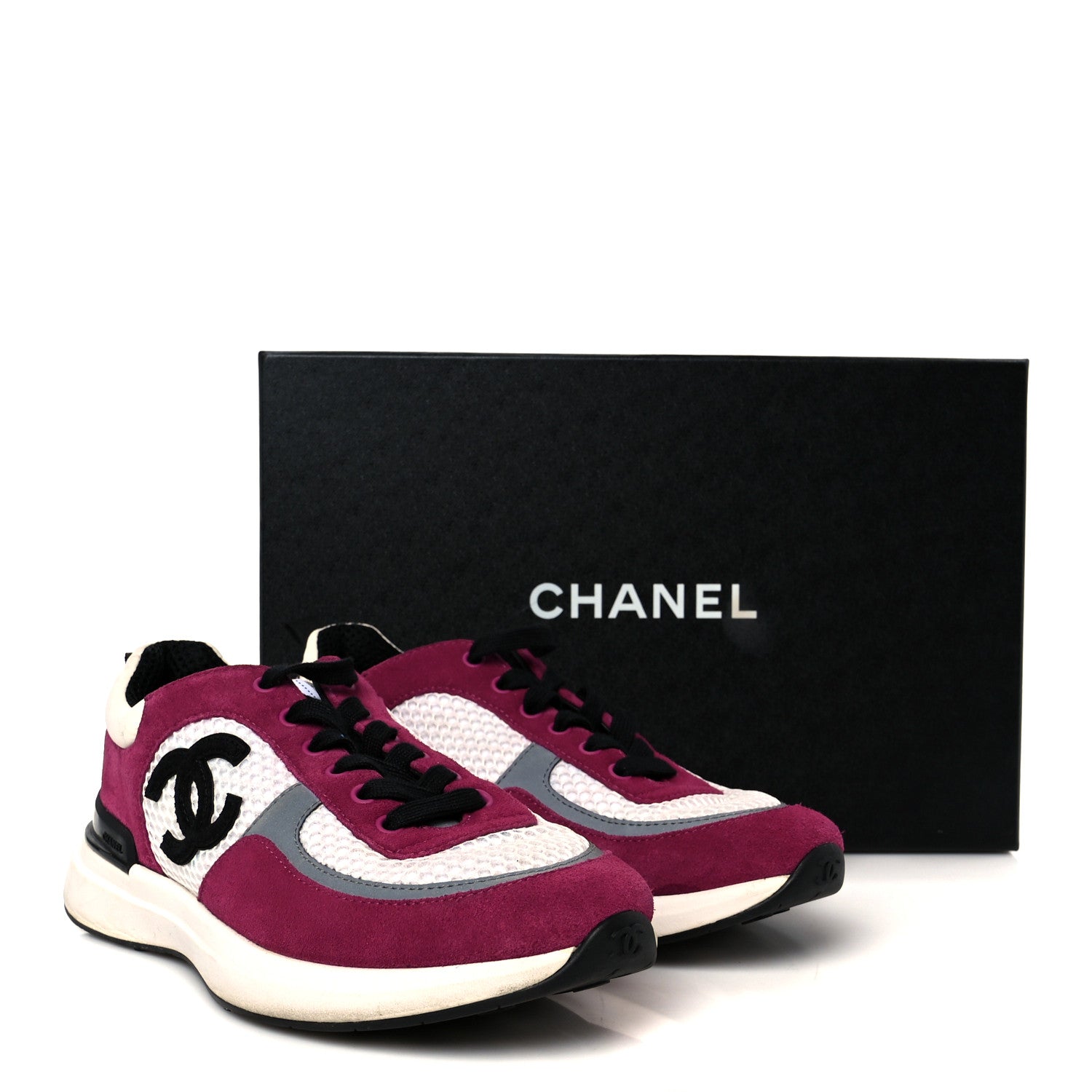 Mesh Suede Calfskin Womens CC Sneakers 38 White Dark Pink Grey