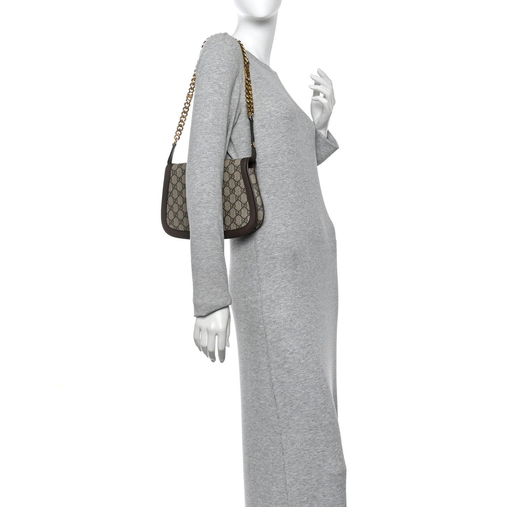 Gucci GG Supreme Monogram Textured Dollar Calfskin Blondie Chain Shoulder Flap Bag Beige Ebony New Acero