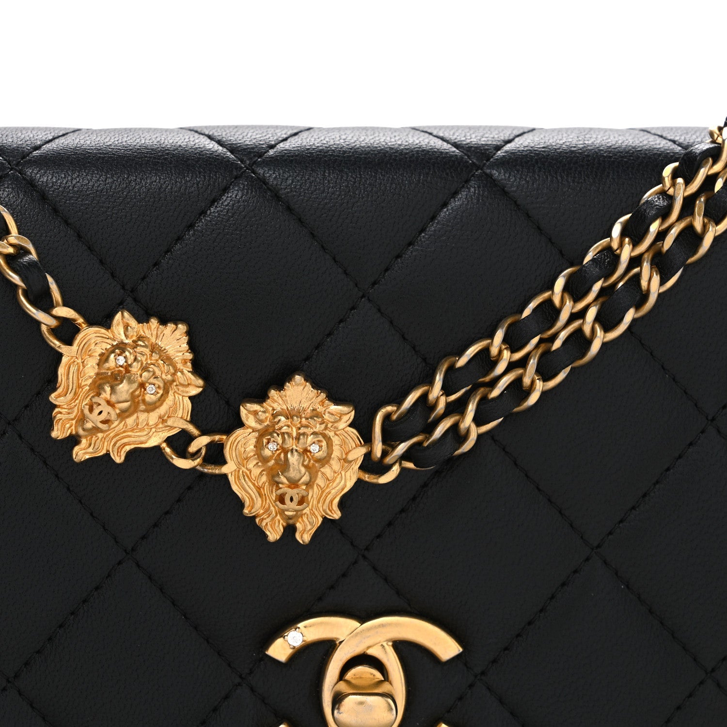 Chanel Lambskin Quilted Lion Motif Wallet On Chain WOC Black
