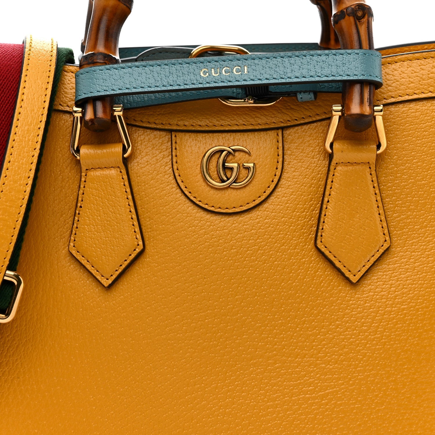 Gucci Textured Dollar Calfskin Web Small Diana Tote Bag Yellow Dusty Azure