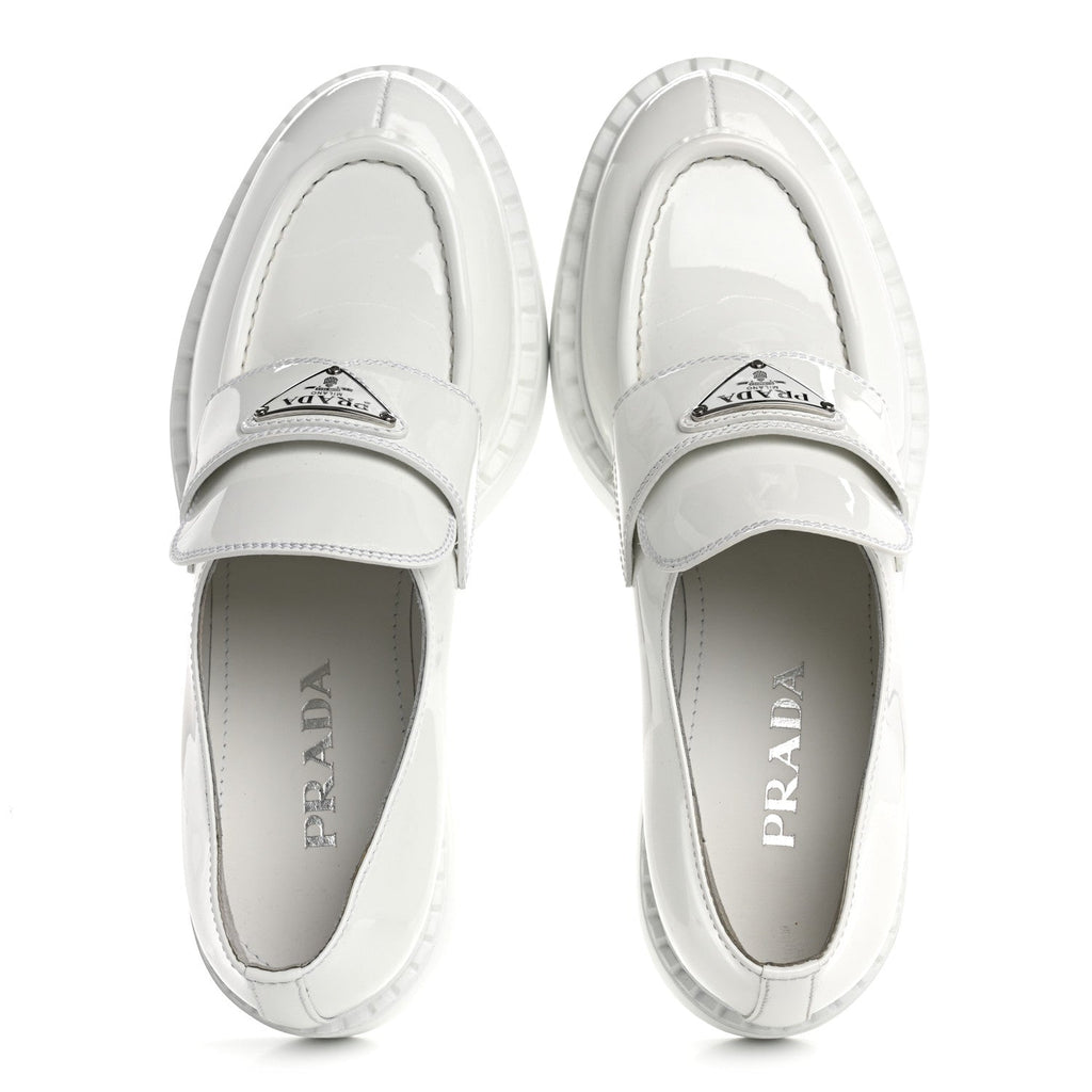 Prada Vernice Triangle 50mm Loafers 39.5 White