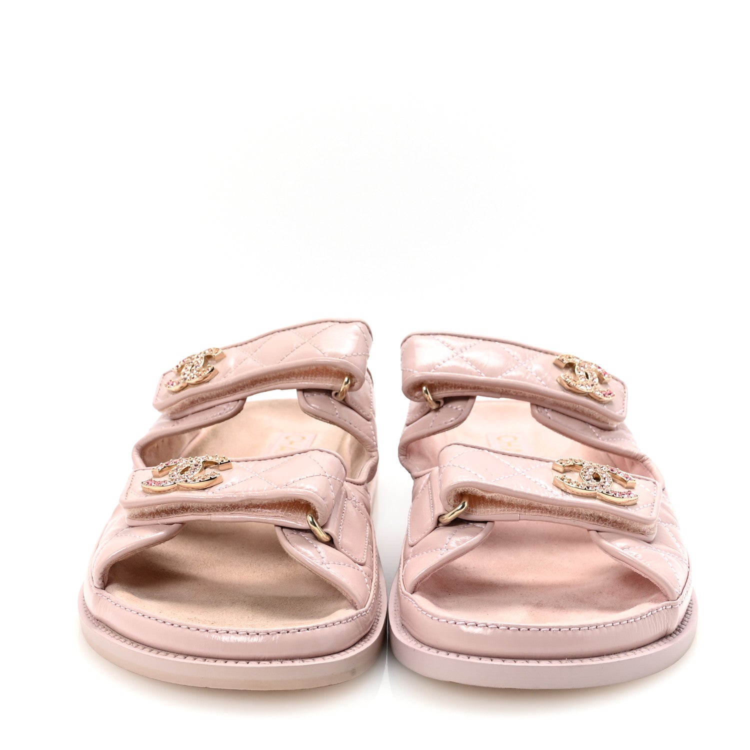 Chanel Shiny Calfskin Crystal Quilted Velcro Dad CC Slide Sandals 39 Light Pink