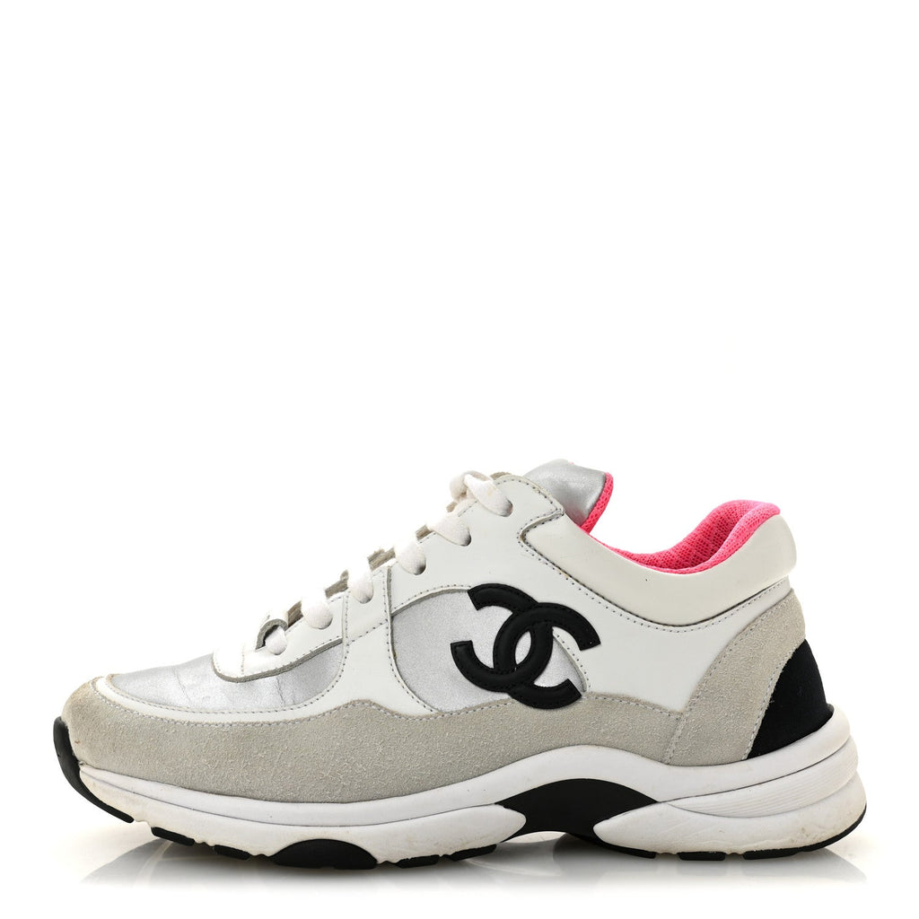 Calfskin Fabric Sneakers 36 White Silver Fluo Pink