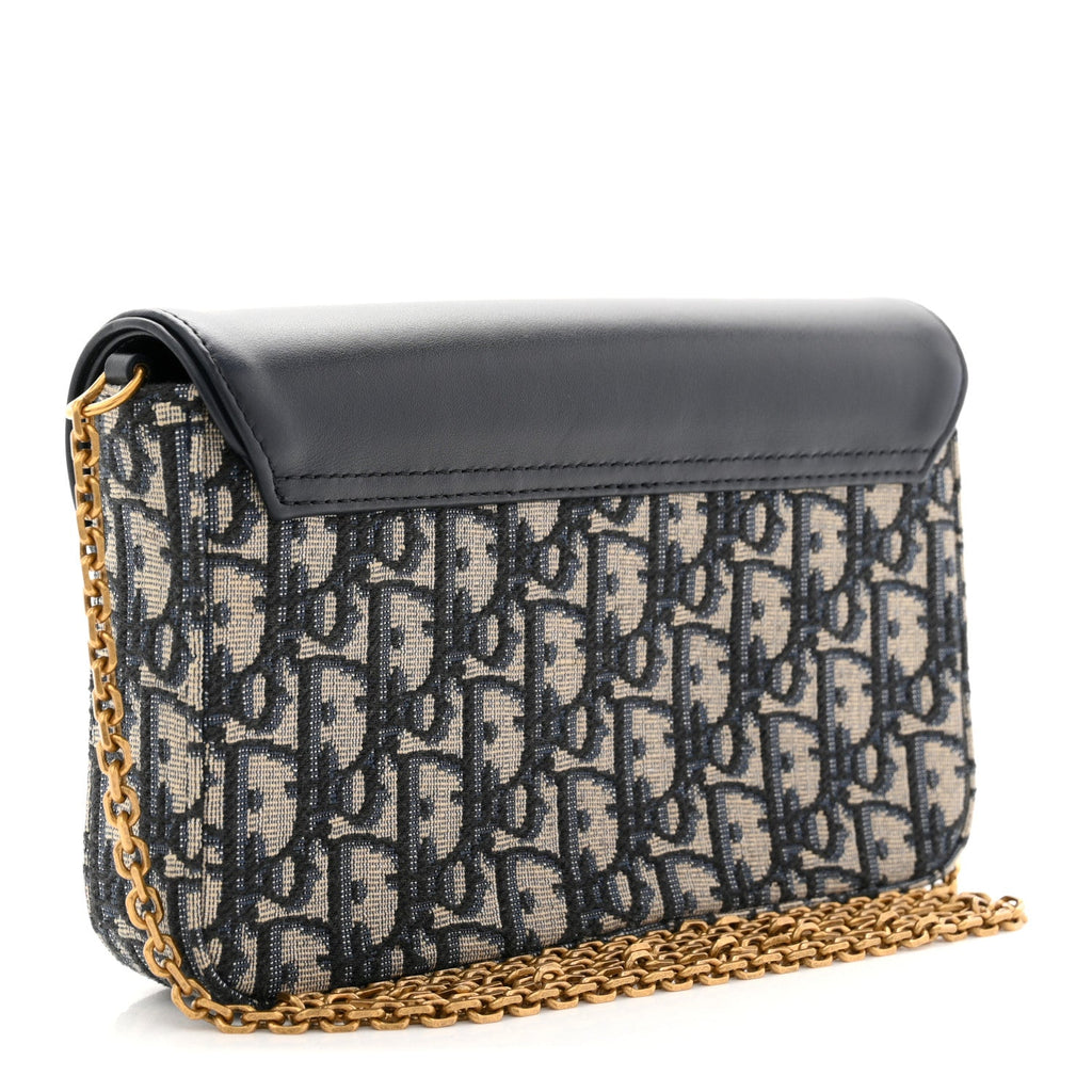 Christian Dior Oblique Smooth Calfskin Medium Saddle Pouch With Chain Blue