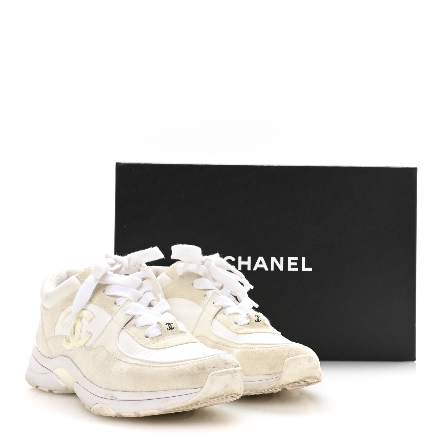 Chanel Suede Calfskin Fabric CC Sneakers 36 White