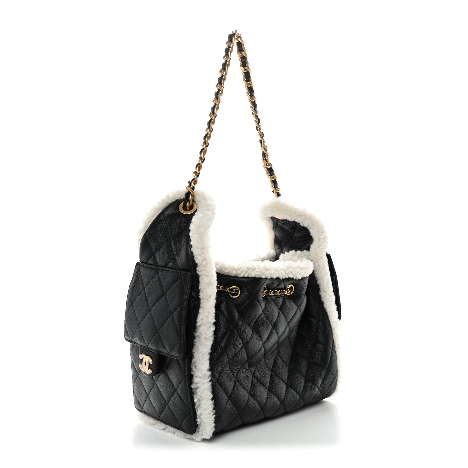 Chanel Crumpled Sheepskin Shearling Quilted Small Chanel 25 Handbag Black White