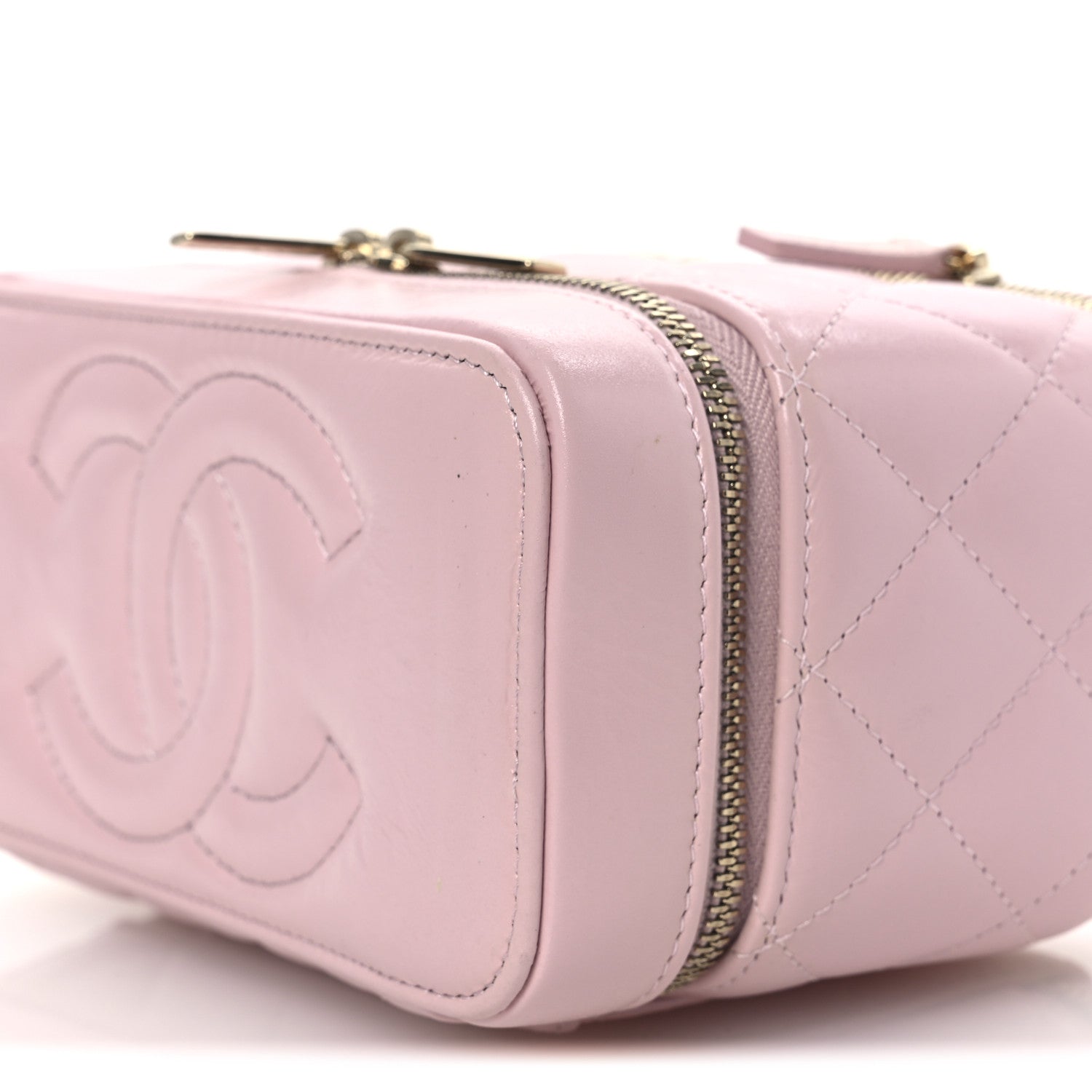 Chanel Shiny Lambskin Quilted Top Handle Vanity Case With Chain Pink