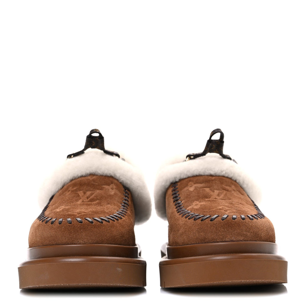 Louis Vuitton Suede Calfskin Shearling Monogram Debossed Cortina Closed Mule 38 Light Beige