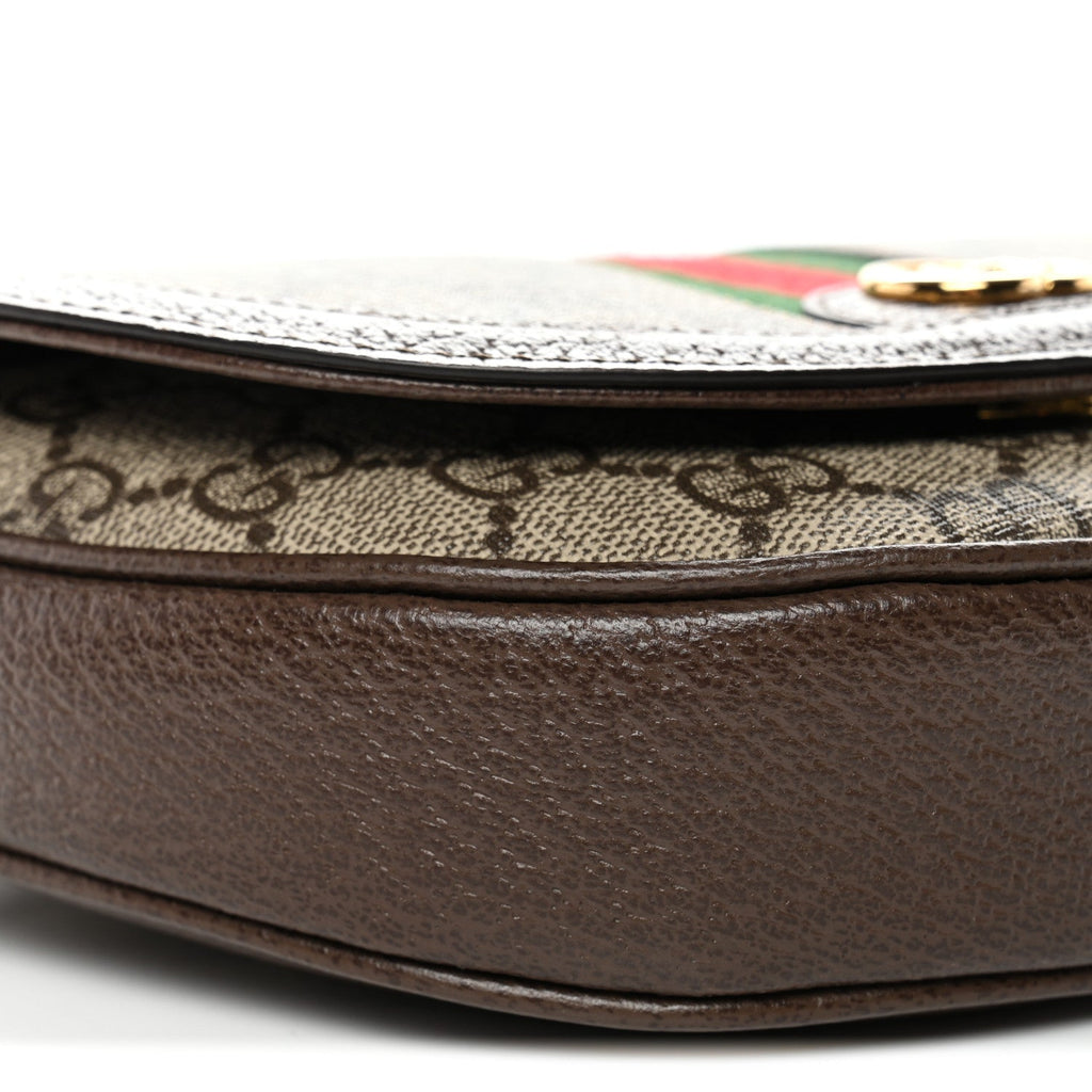 Gucci GG Supreme Monogram Textured Dollar Calfskin Web Mini Ophidia Flap Shoulder Bag Beige Ebony New Acero