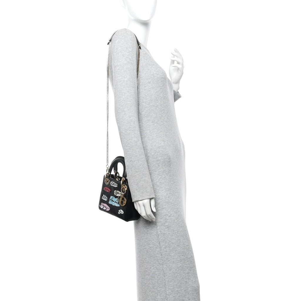 Christian Dior Calfskin Beaded Mini Lady Dior Black
