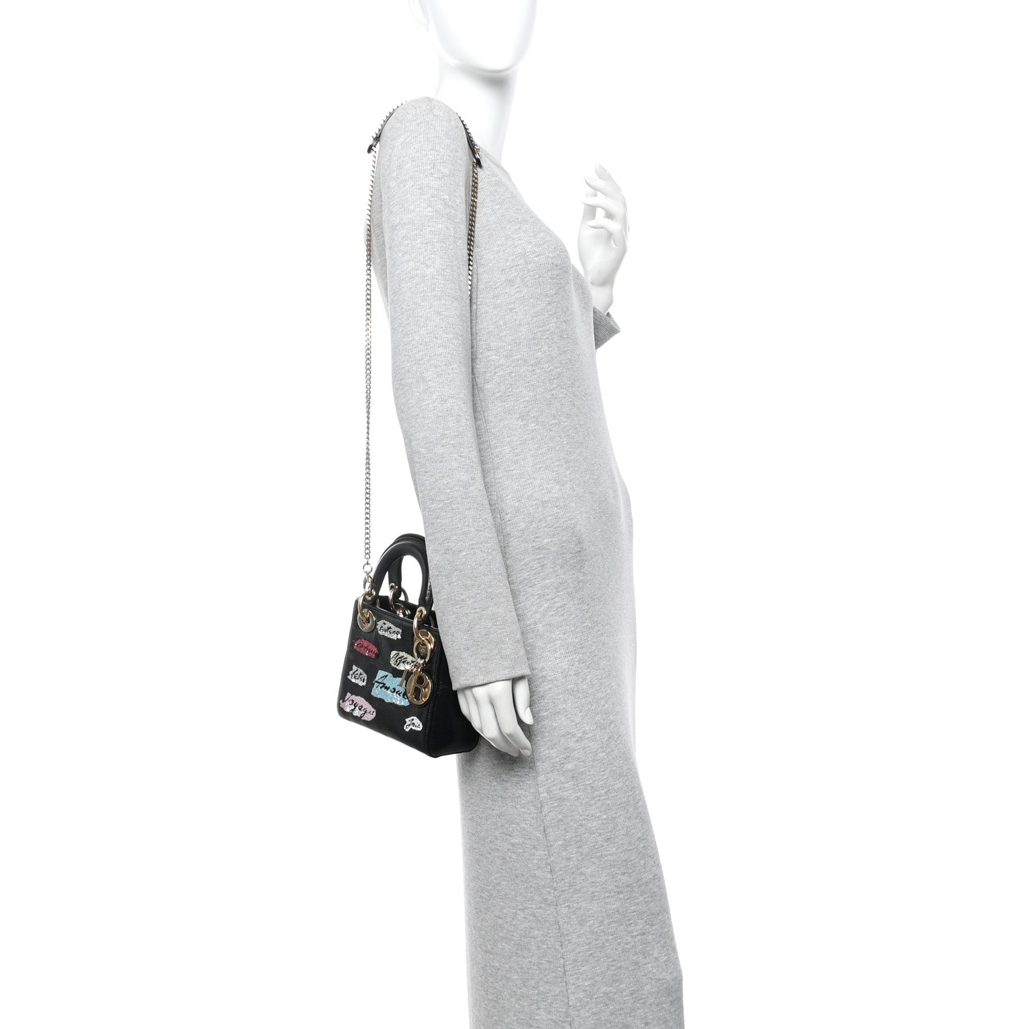 Christian Dior Calfskin Beaded Mini Lady Dior Black