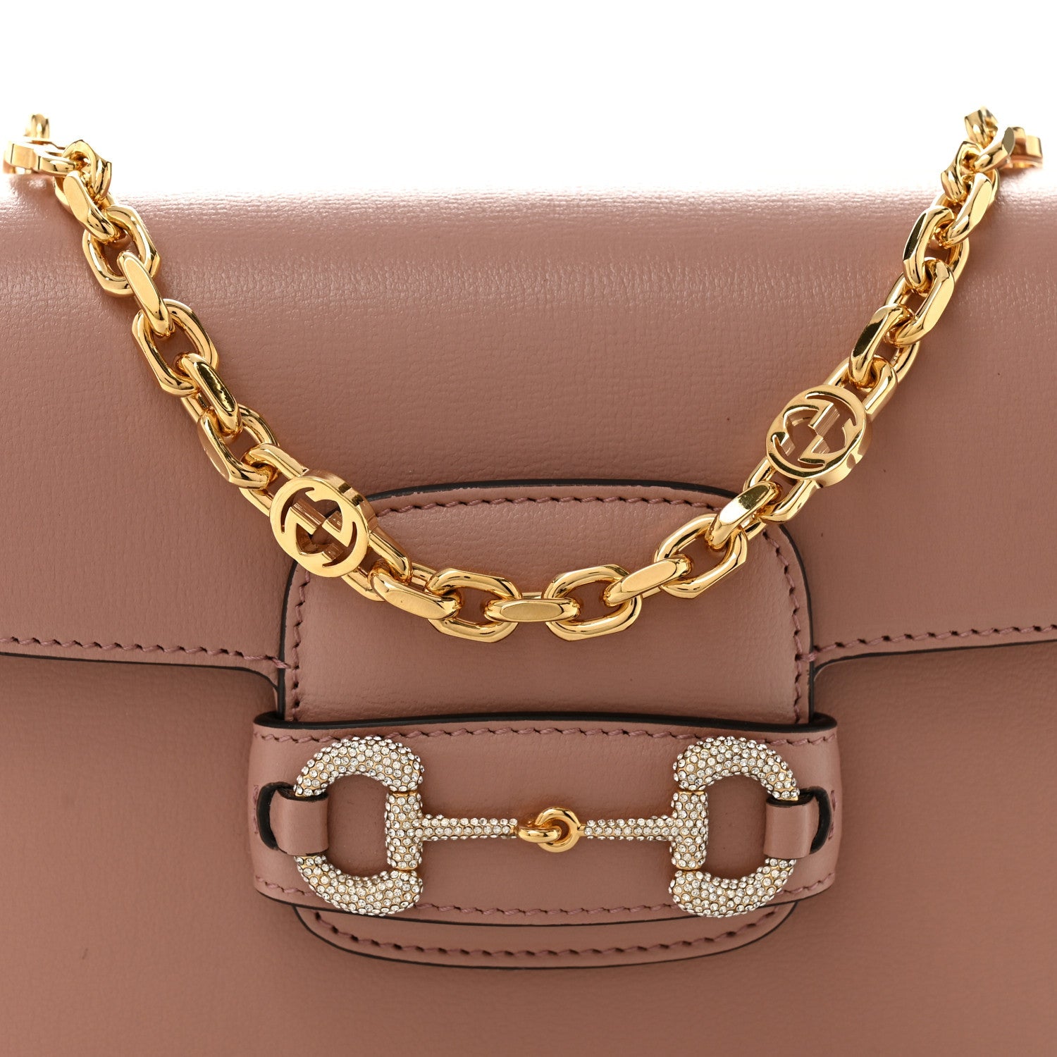 Gucci Azalea Calfskin Crystal GG Monogram Mini Horsebit 1955 Shoulder Bag Dusty Rose
