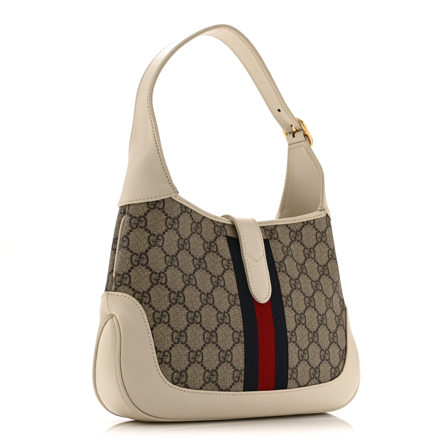 Gucci GG Supreme Monogram Azalea Calfskin Web Small Jackie 1961 Hobo Beige Ebony Mystic White
