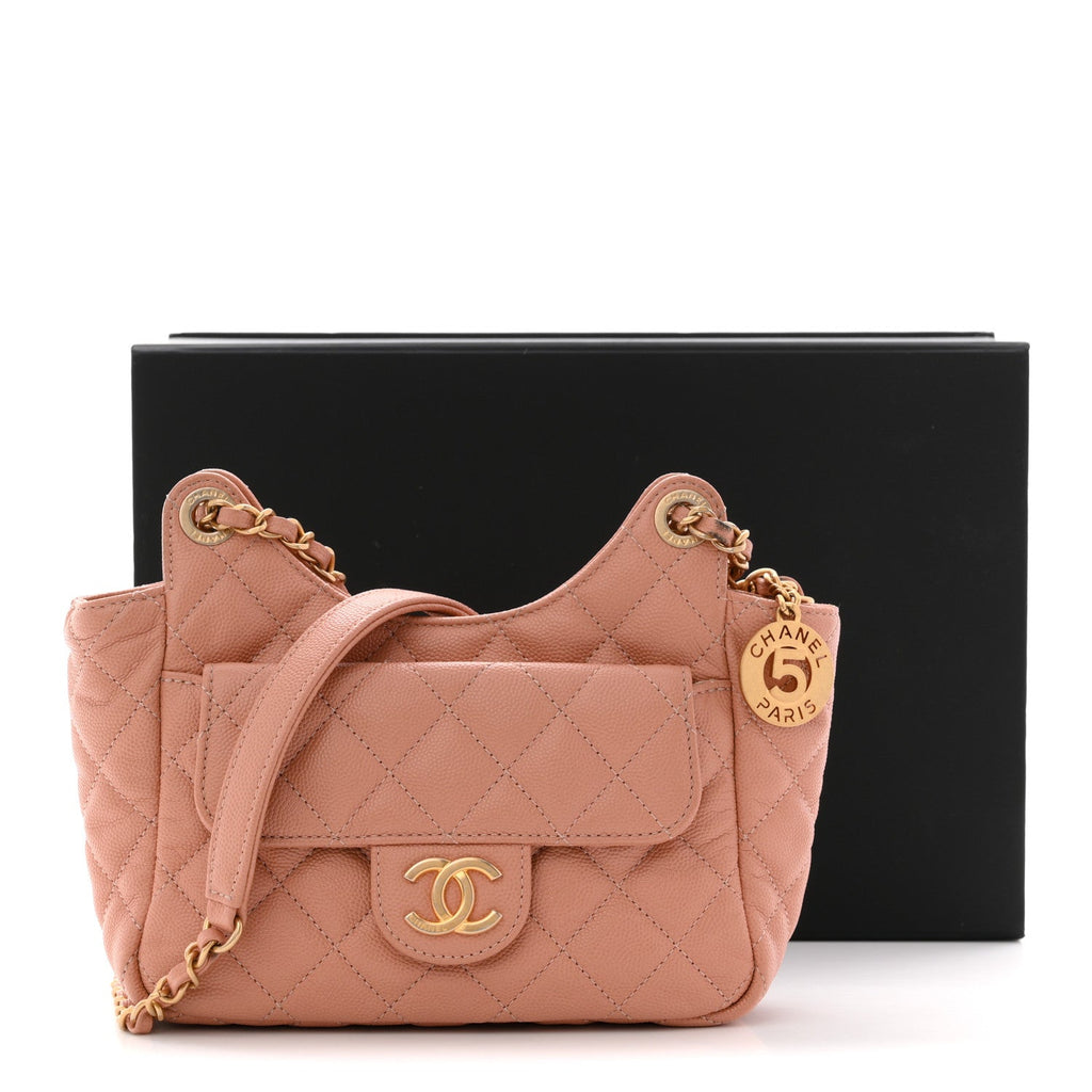 Chanel Caviar Quilted Small Wavy CC Hobo Coral