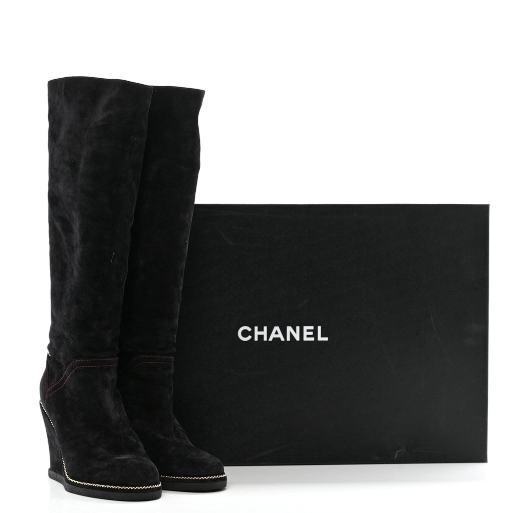 Chanel Suede Calfskin Chain Around High Boots 41 Black
