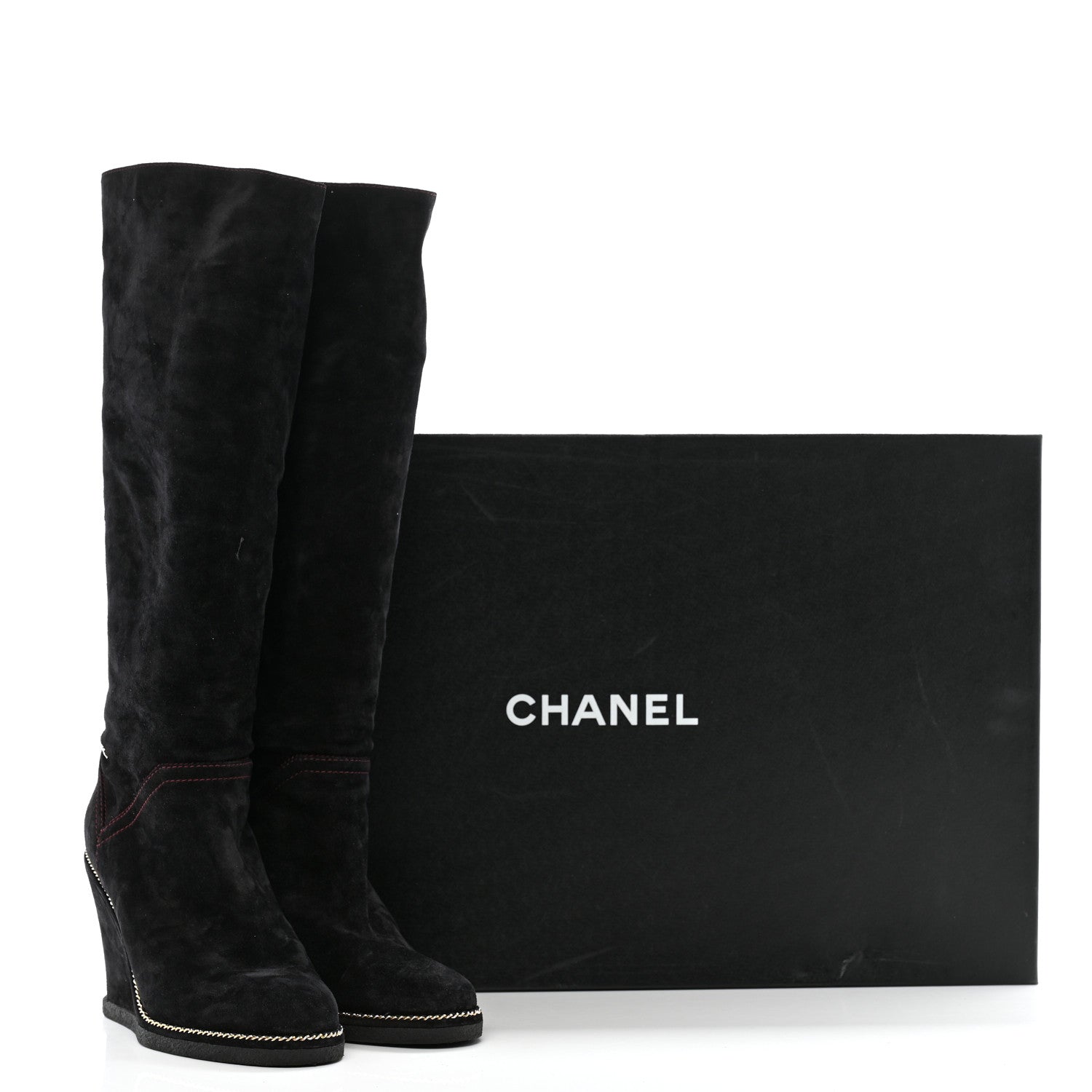 Chanel Suede Calfskin Chain Around High Boots 41 Black