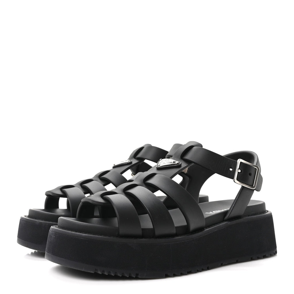 Prada Foam Rubber Metal Triangle Logo Soft Cage Women Sandals 40 Black