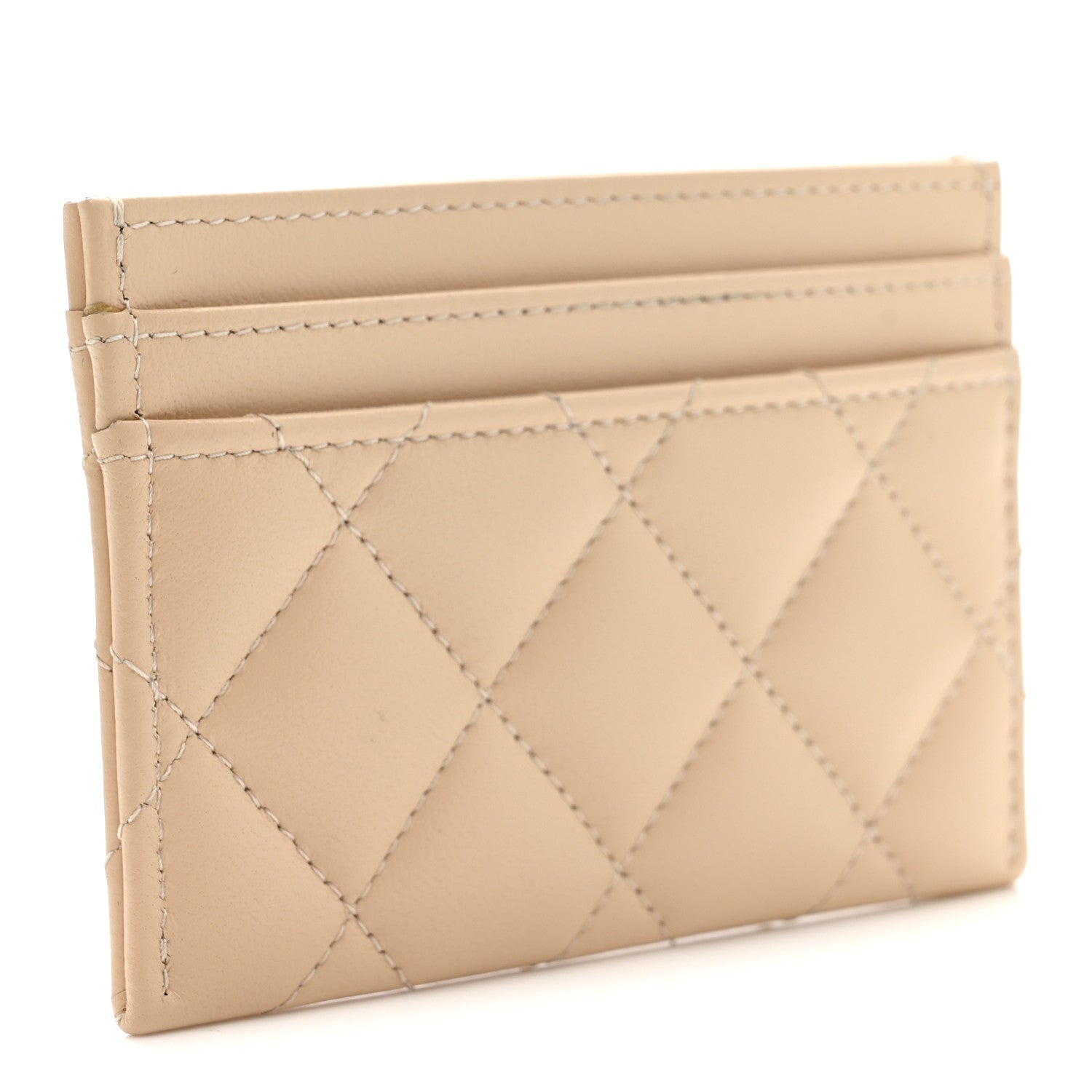 Lambskin Quilted Crystal CC Card Holder Beige