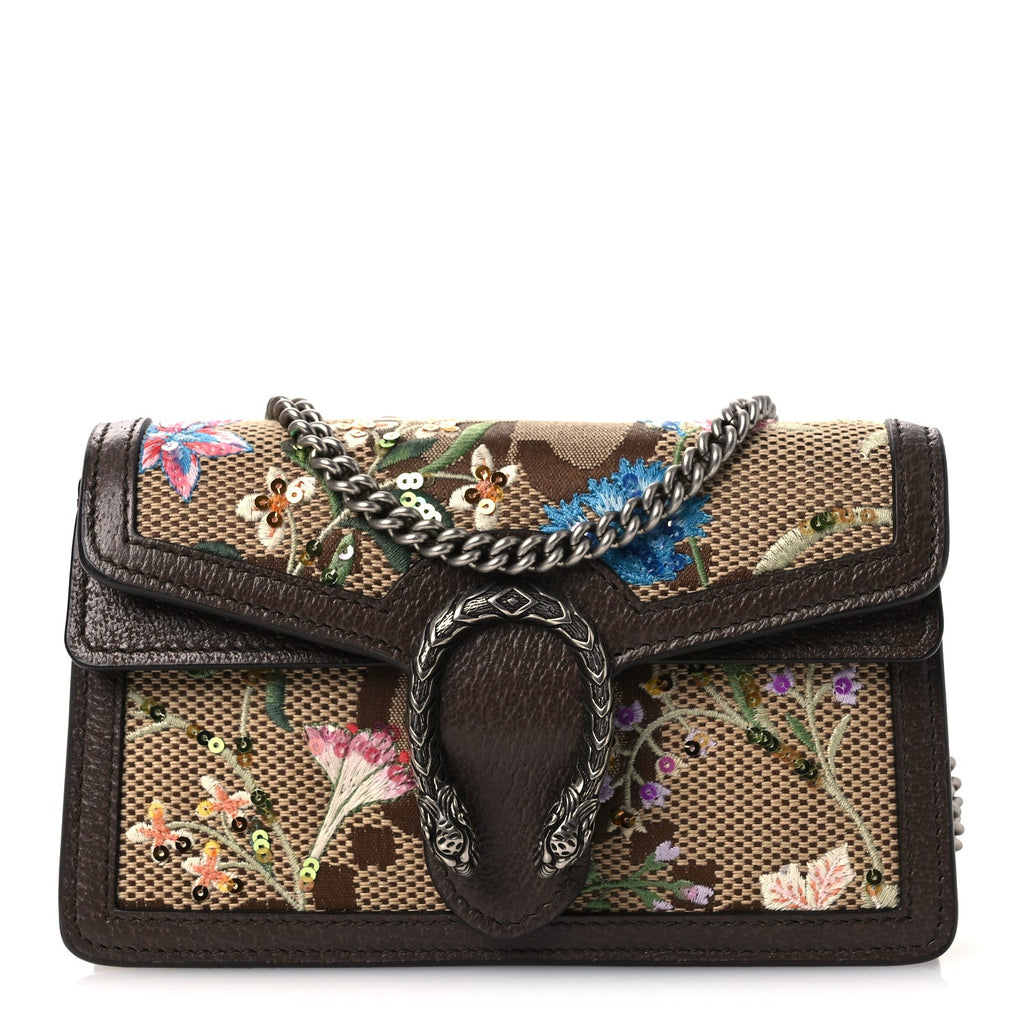 Gucci Monogram Jumbo GG Textured Dollar Calfskin Embroidered Super Mini Dionysus Shoulder Bag Camel Ebony New Acero Multicolor