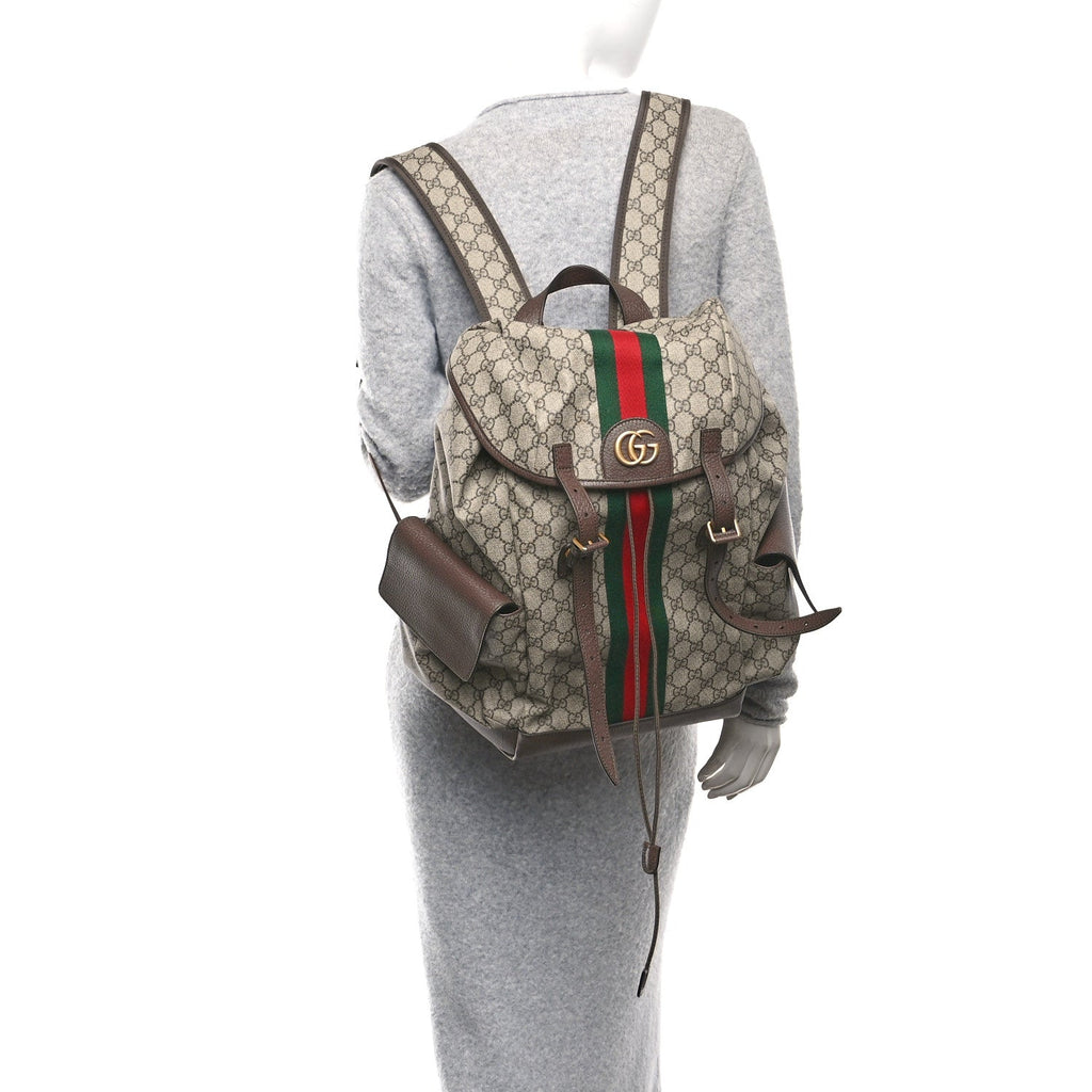 Gucci GG Supreme Monogram Medium Ophidia Double Buckle Backpack Brown
