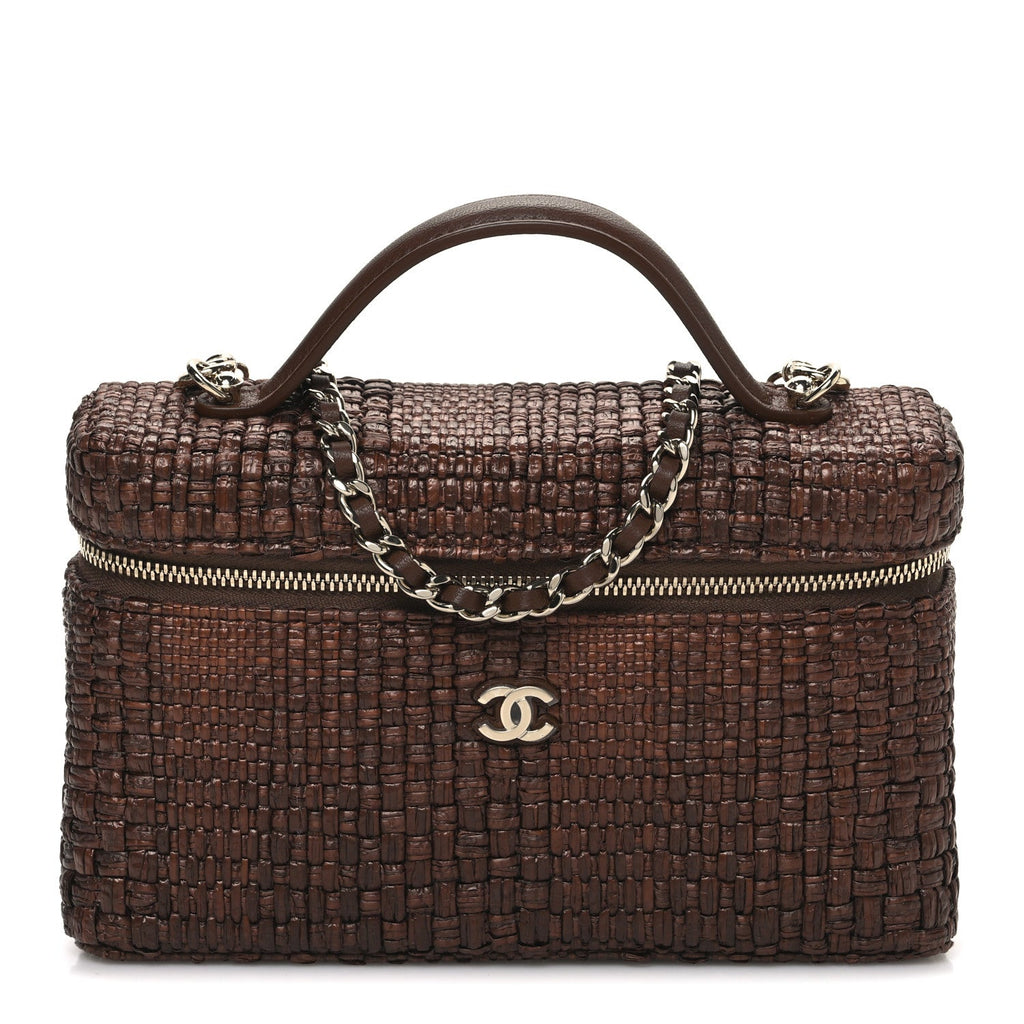 Chanel Braided Raffia Quilted Top Handle Slim Vanity With Chain Brown