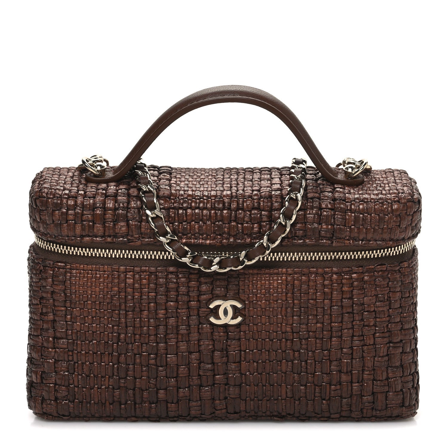 Chanel Braided Raffia Quilted Top Handle Slim Vanity With Chain Brown
