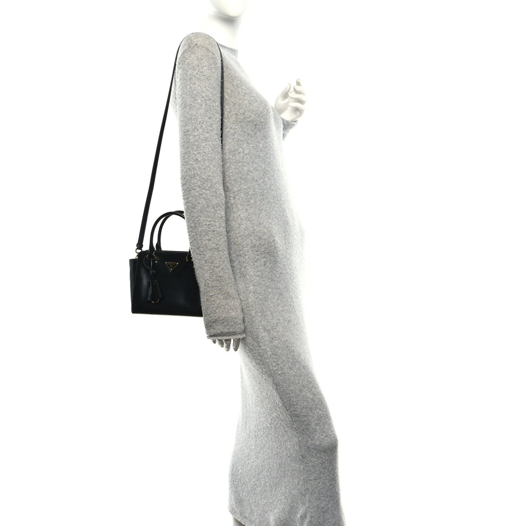 Prada Brushed Calfskin Mini Zippered Crossbody Tote Black