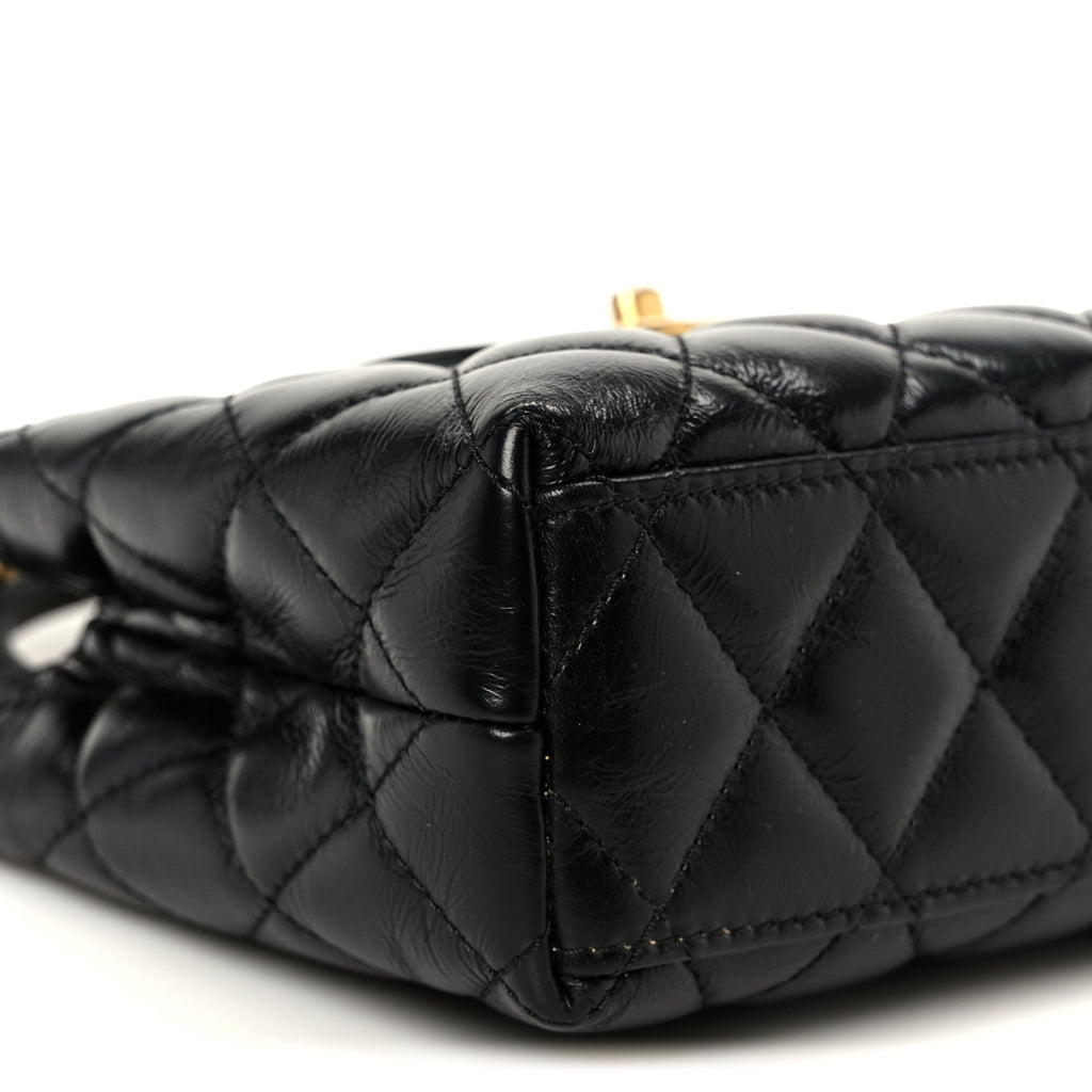 Chanel Shiny Aged Calfskin Quilted Nano Kelly Shopper Black