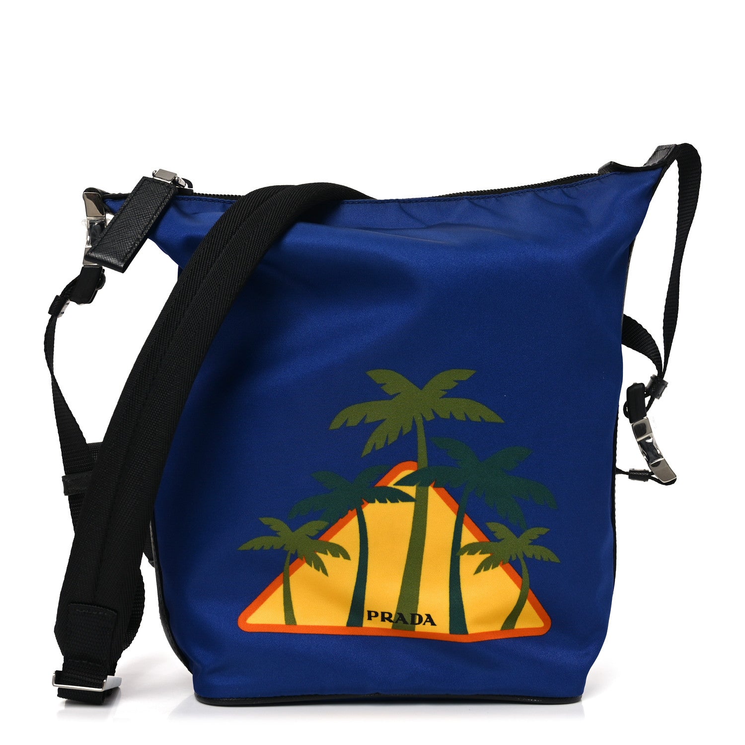 Prada Tessuto Nylon Palm Tree Print Bucket Bag Bluette
