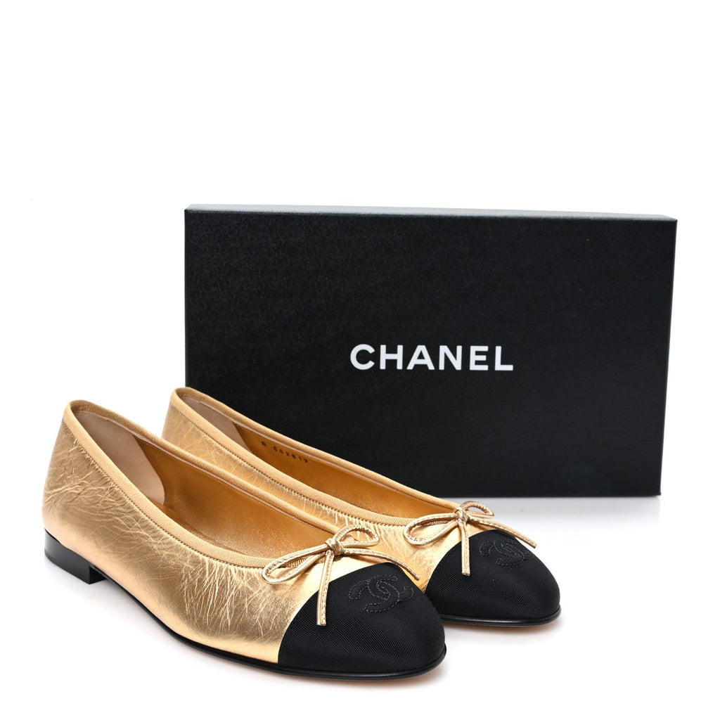 Laminated Lambskin Grosgrain Cap Toe CC Ballerina Flats 39.5 Dark Gold Black