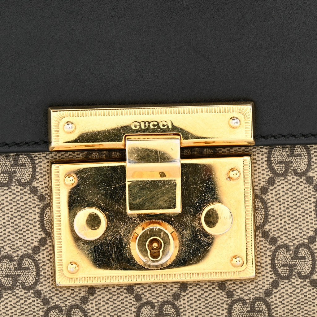 Gucci GG Supreme Monogram Calfskin Small Padlock Shoulder Bag Beige Black Cuir