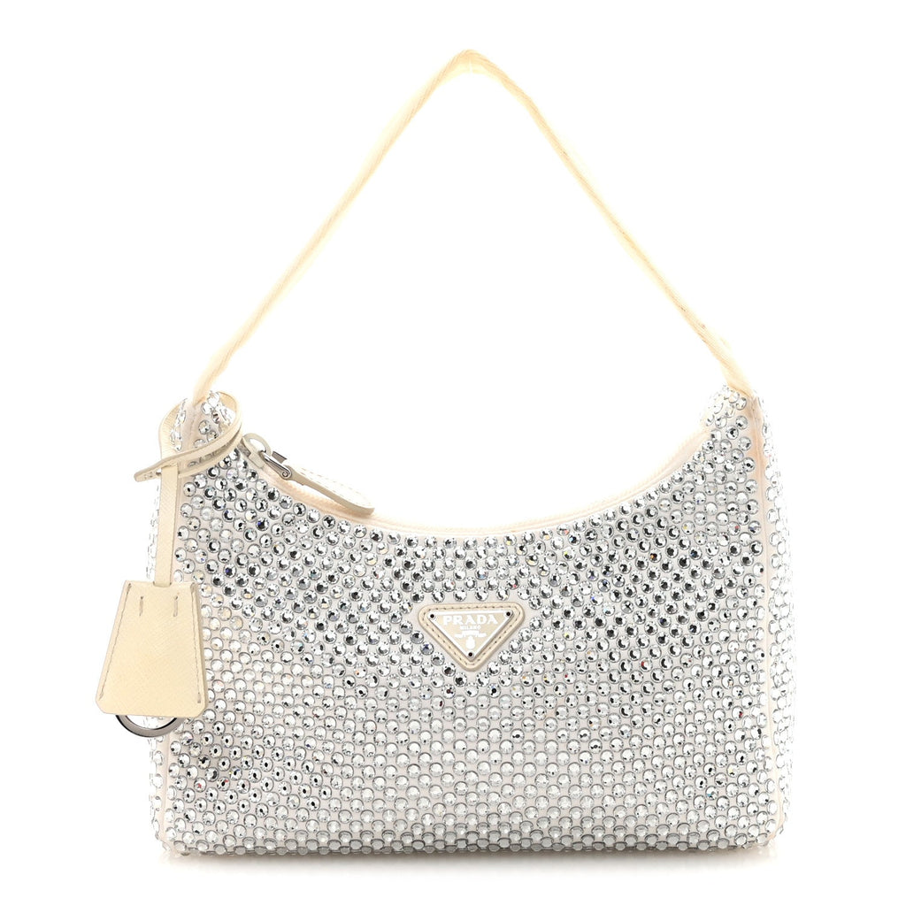 Prada Satin Crystal Mini Re-Edition 2000 Bag White