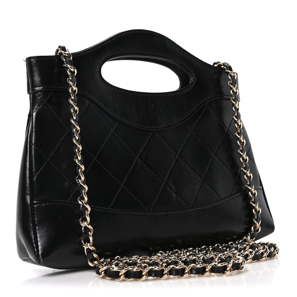 Chanel Shiny Crumpled Calfskin Quilted Nano 31 Shopping Bag Black