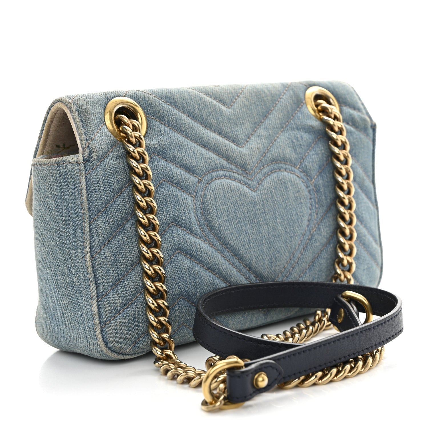 Gucci Denim Matelasse Mini Pearly GG Marmont Shoulder Bag Blue