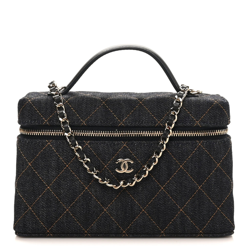 Chanel Denim Quilted Top Handle Slim Vanity Case With Chain Dark Blue Orange