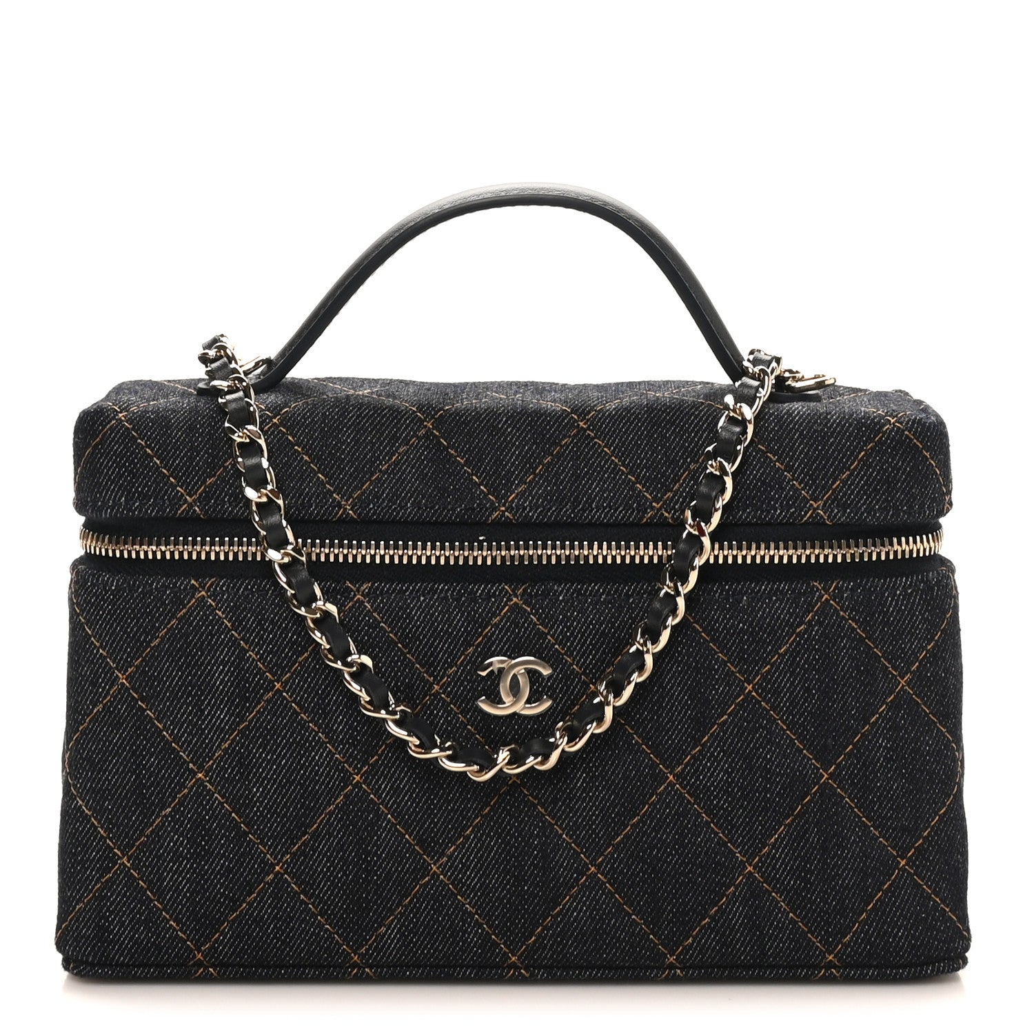 Chanel Denim Quilted Top Handle Slim Vanity Case With Chain Dark Blue Orange