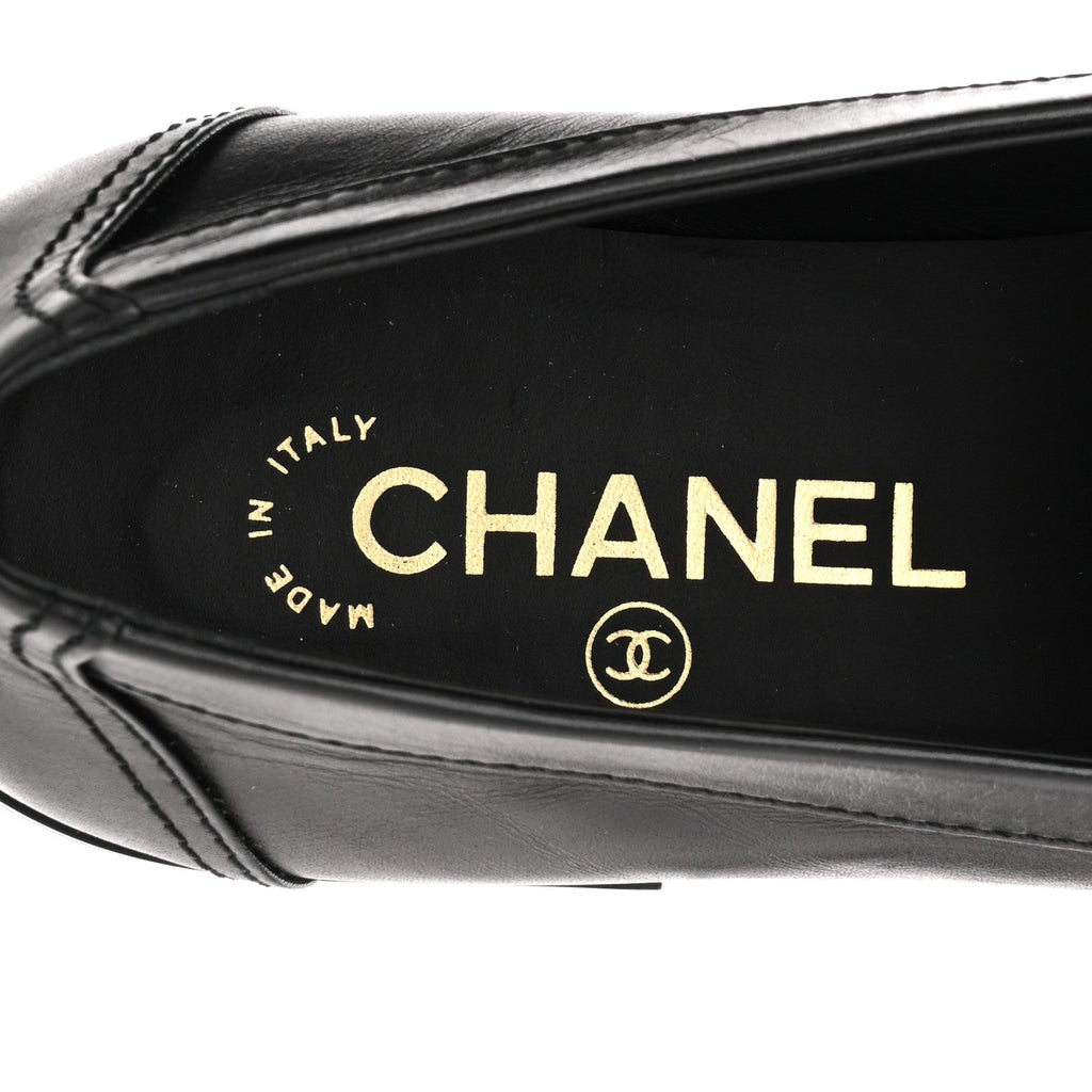 Chanel Shiny Calfskin Metal CC Mocassin Loafers 38.5 Black