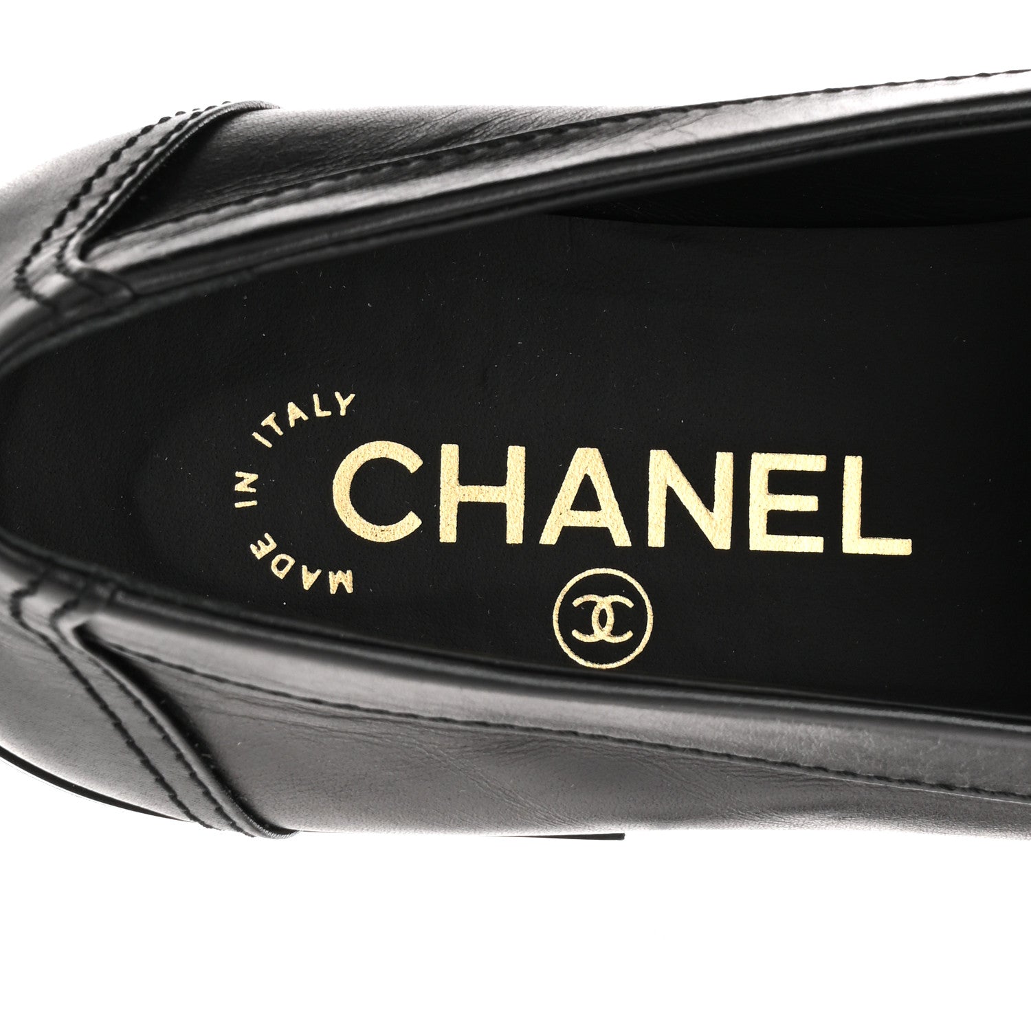 Chanel Shiny Calfskin Metal CC Mocassin Loafers 38.5 Black