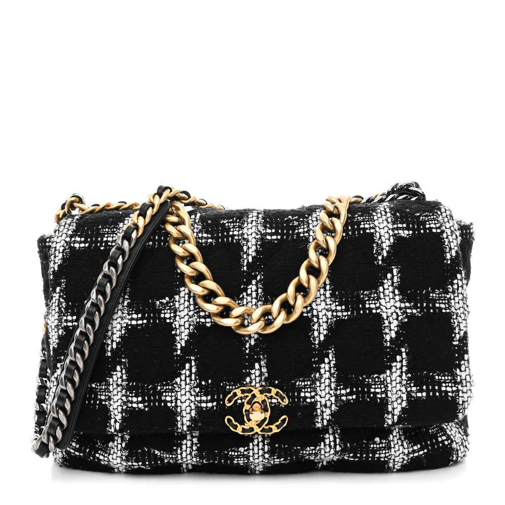 Chanel Tweed Quilted Maxi Chanel 19 Flap Black White