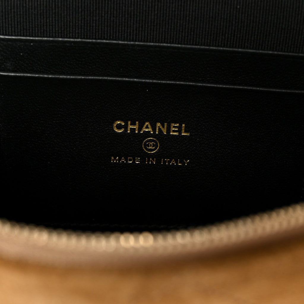 Chanel Suede Calfskin Shiny Lambskin Stitched Top Handle Slim Vanity With Chain Beige Black