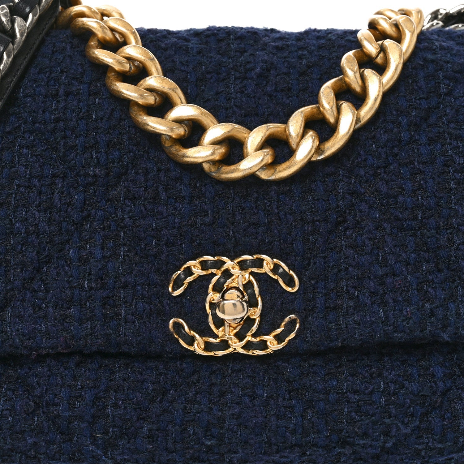 Chanel Tweed Quilted Large Chanel 19 Flap Navy Blue