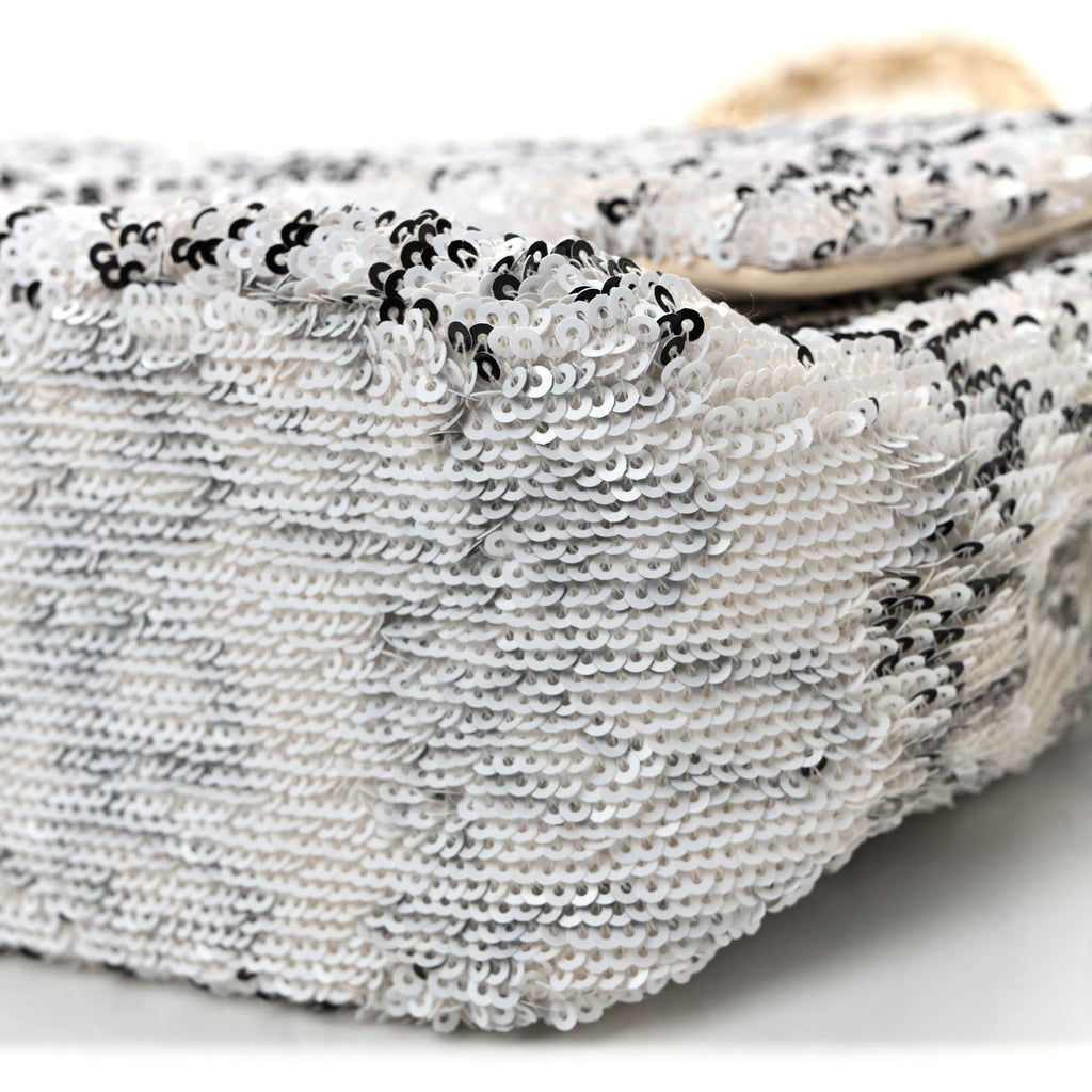 Chanel Sequin Logo Medium Flap White Black
