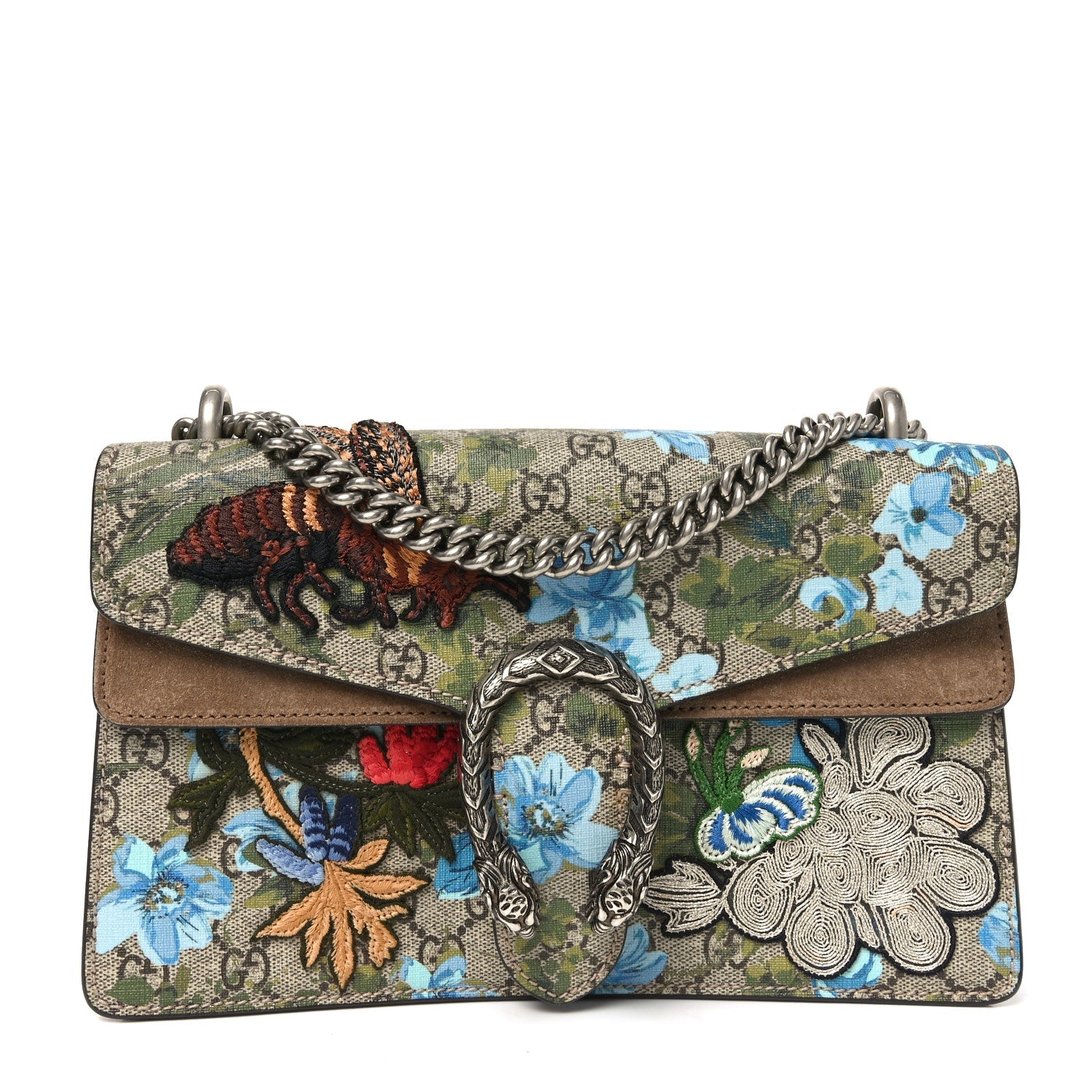 Gucci GG Supreme Monogram Blooms Print Embroidered Small Dionysus Shoulder Bag Blue Taupe