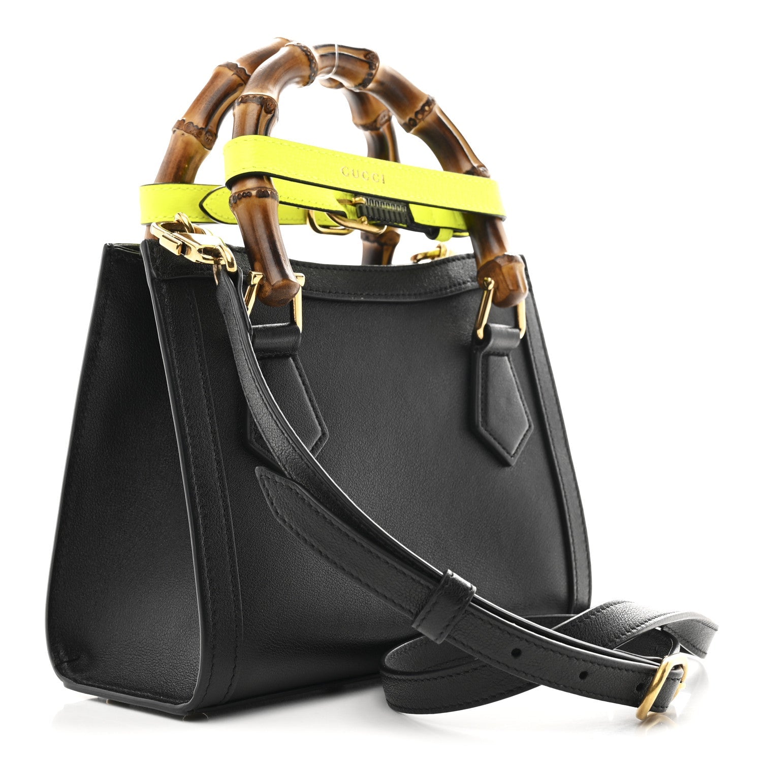Gucci Wonka Grain Calfskin Mini Diana Tote Bag Black Yellow Fluo