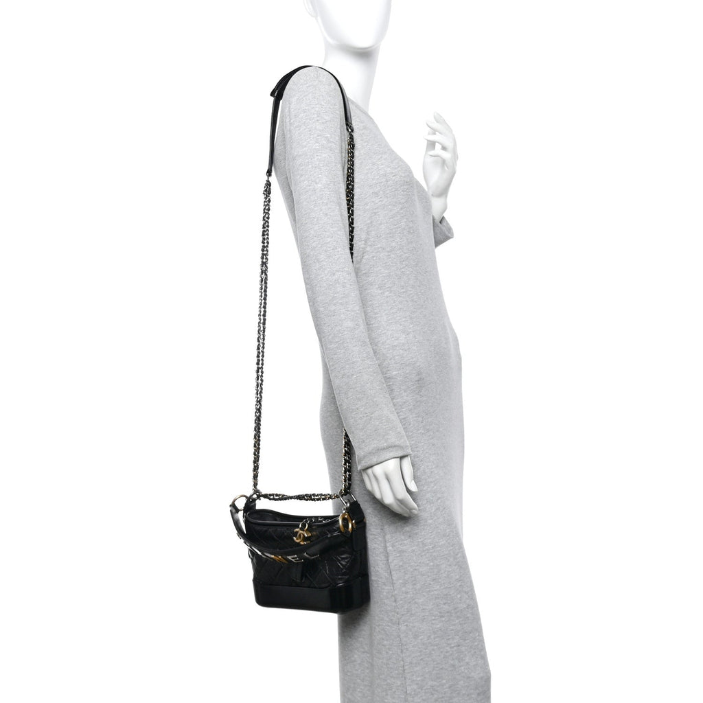Chanel Aged Calfskin Quilted Small Gabrielle Logo Hobo Black